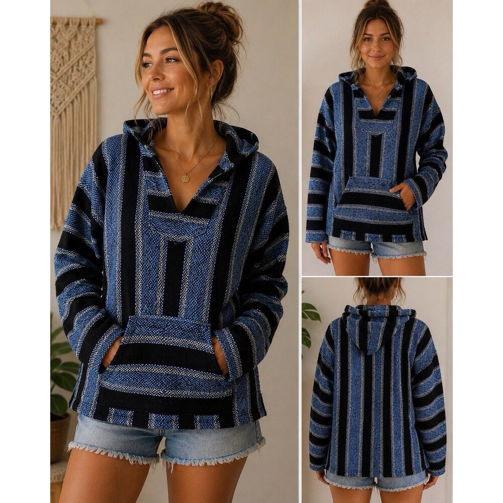 Vintage Mexican Baja Hoodie Blue Black Striped Pullover Kangaroo Pocket M - Picture 9 of 9